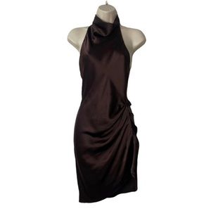 Amanda Uprichard Silk Satin Halter High Neck Samba Mini Dress in Cocoa Size S